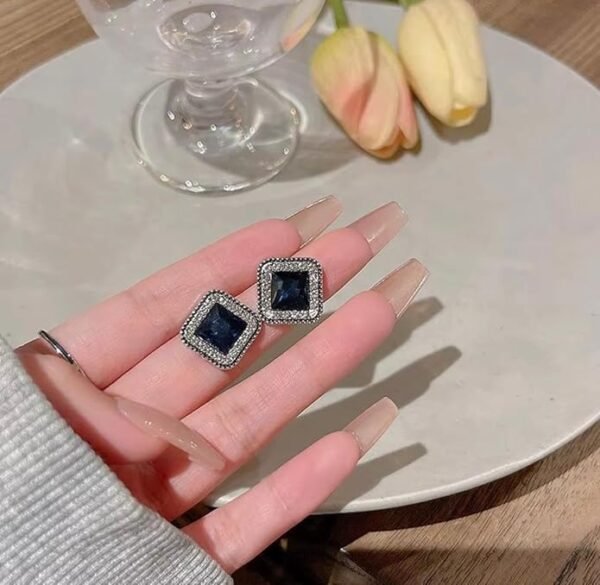 Square Sapphire Stud Earrings with Crystal Halo, Blue and Silver - Image 4