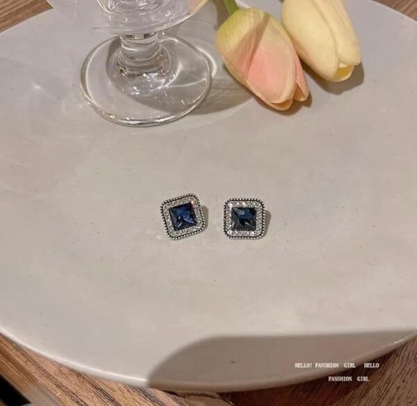 Square Sapphire Stud Earrings with Crystal Halo, Blue and Silver - Image 6