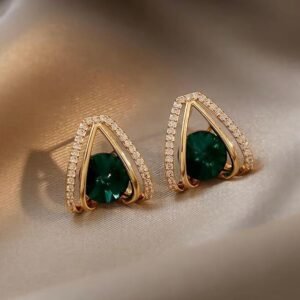 Triangle Stud Earrings with Emerald Green Crystal