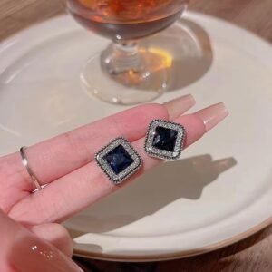 Square Sapphire Stud Earrings with Crystal Halo, Blue and Silver