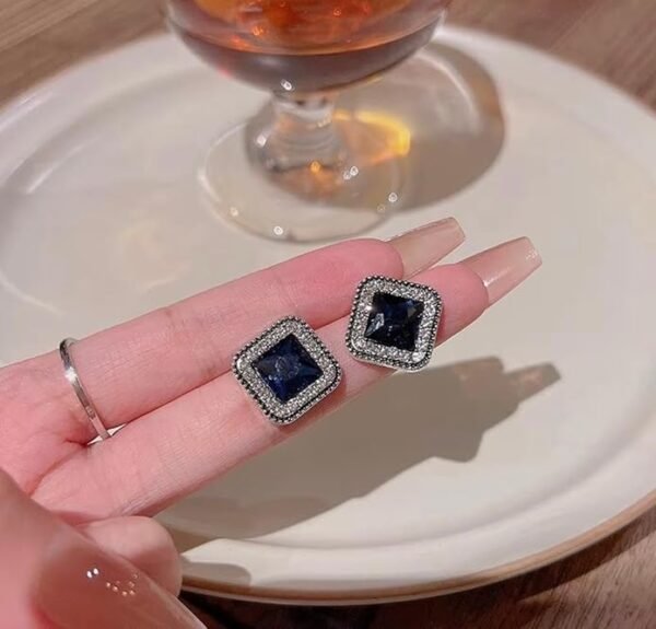 Square Sapphire Stud Earrings with Crystal Halo, Blue and Silver