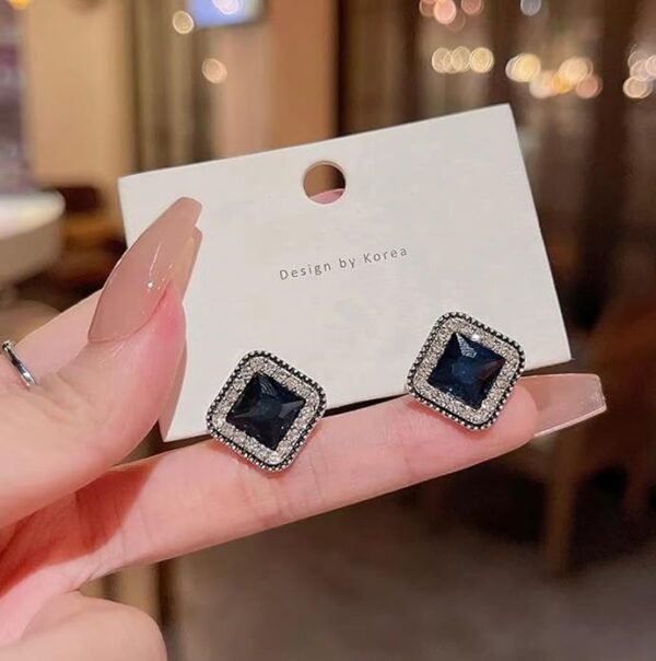 Square Sapphire Stud Earrings with Crystal Halo, Blue and Silver - Image 2