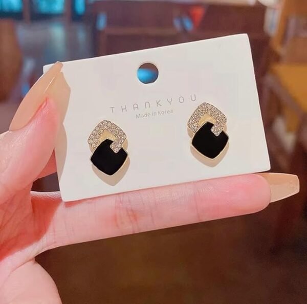 Square Crystal Stud Earrings, Black Silver Toned - Image 2