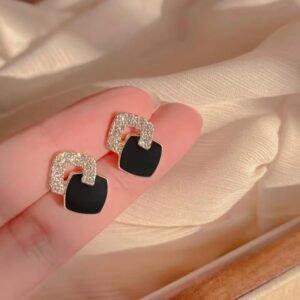 Square Crystal Stud Earrings, Black Silver Toned
