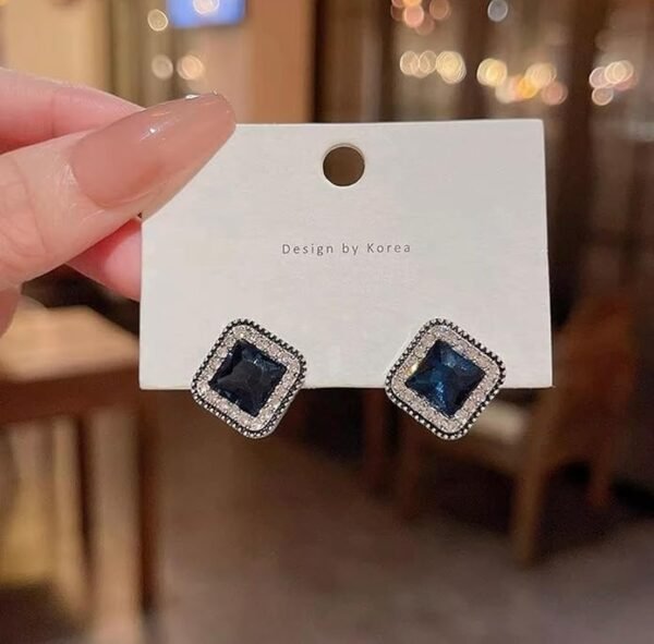 Square Sapphire Stud Earrings with Crystal Halo, Blue and Silver - Image 3