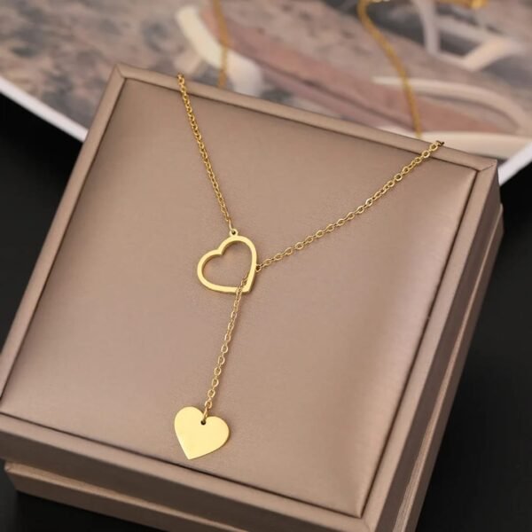 Dainty Gold Heart Y-Necklace, Double Heart Pendant, Chain Necklace - Image 2