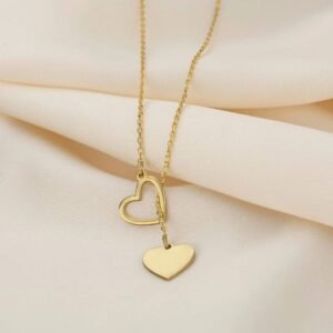 Dainty Gold Heart Y-Necklace, Double Heart Pendant, Chain Necklace