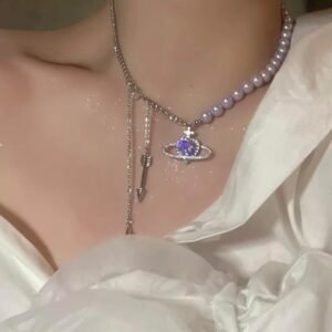 Pearl and Crystal Necklace, Purple Saturn Pendant