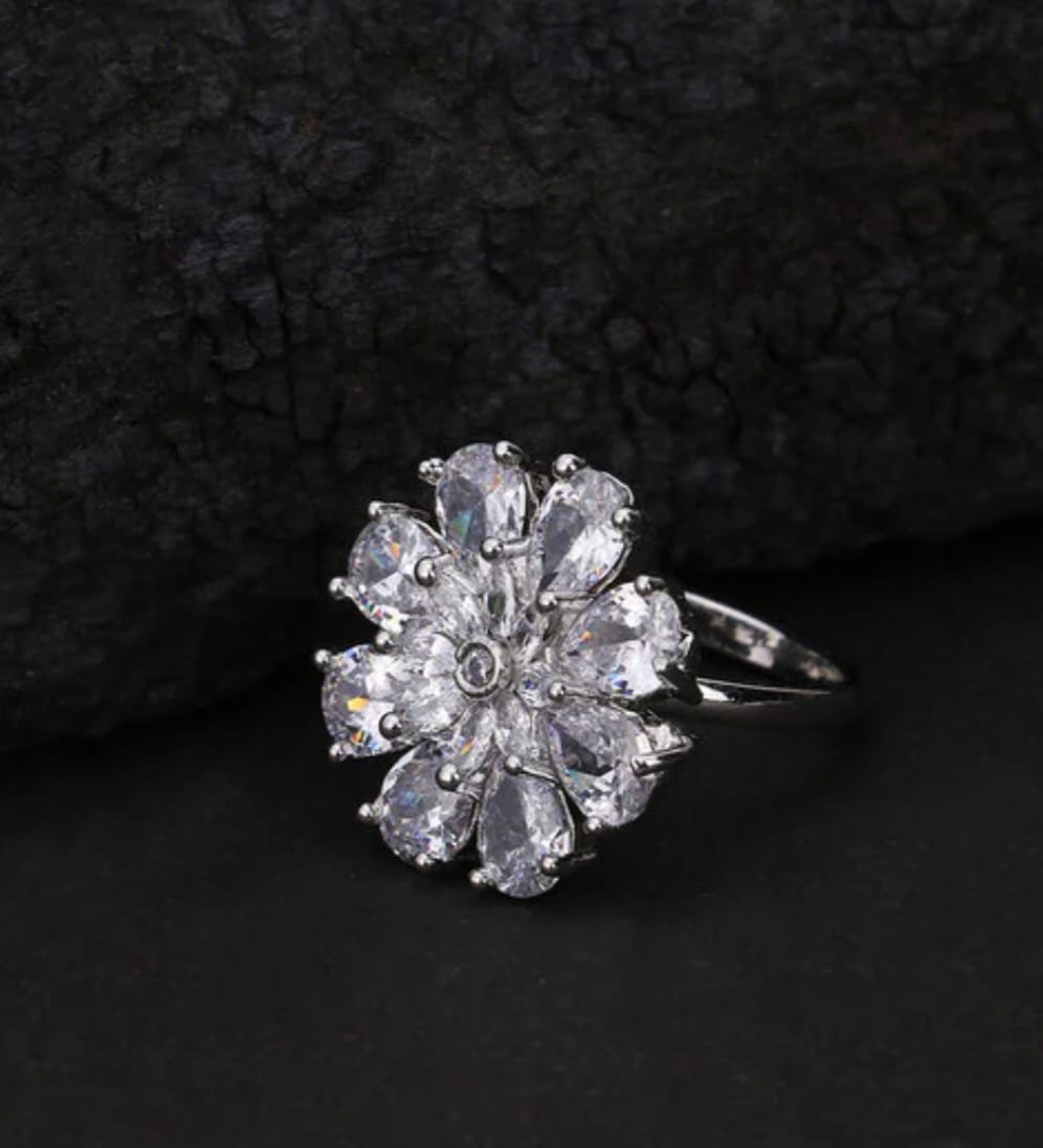 Sterling Silver Floral Crystal Ring, Clear Cubic Zirconia Cluster Design - Image 2