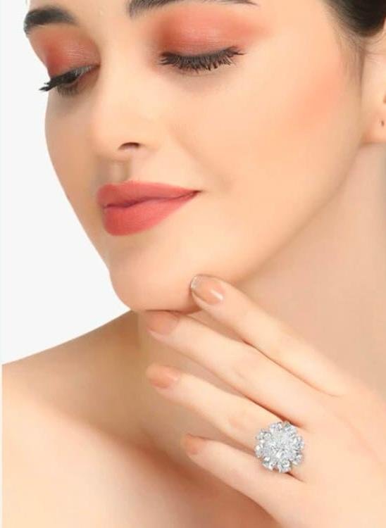 Sterling Silver Floral Crystal Ring, Clear Cubic Zirconia Cluster Design - Image 4