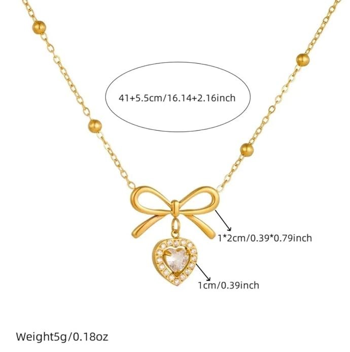 Elegant Gold-Plated Bow Necklace with Crystal Heart Pendant, Beaded Chain Design - Image 6