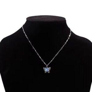 Blue Butterfly Crystal Pendant Necklace, Silver Chain