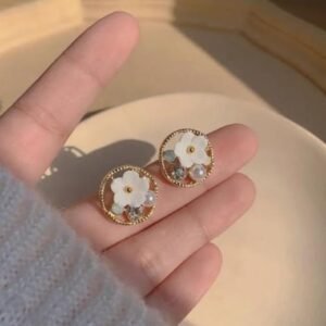 Floral Circle Stud Earrings with Pearl and Crystal Accents, White