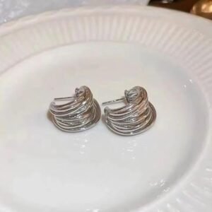Twisted Layered Hoop Earrings, Silver-Toned, Wave Design, Semi-Circle Shape