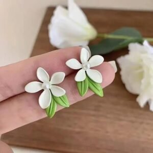 White Floral Stud Earrings with Green Leaves, Pearl Centre, 2.5 cm