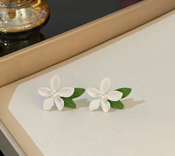 White Floral Stud Earrings with Green Leaves, Pearl Centre, 2.5 cm - Image 2