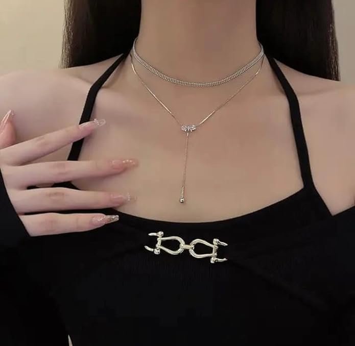 Double Layer Crystal Bow Necklace, Adjustable Length - Image 2