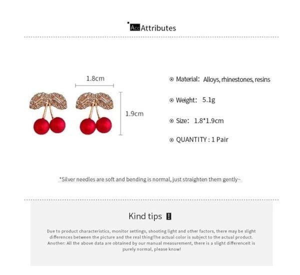 Crystal Cherry Stud Earrings, Red Pearl Cherries with Rhinestone Leaves - Image 5