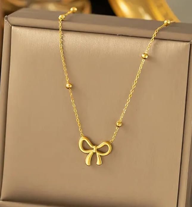 Dainty Gold-Toned Bow Pendant Necklace with Gold Plated Beaded Chain