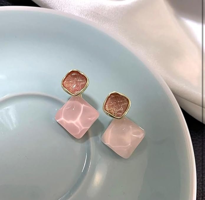 Geometric Double Diamond Drop Earrings, Green and Cream Enamel - Image 3