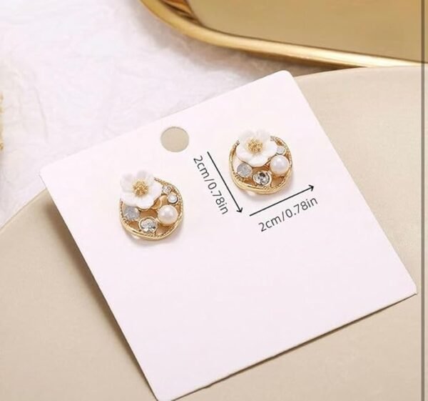 Floral Circle Stud Earrings with Pearl and Crystal Accents, White - Image 4