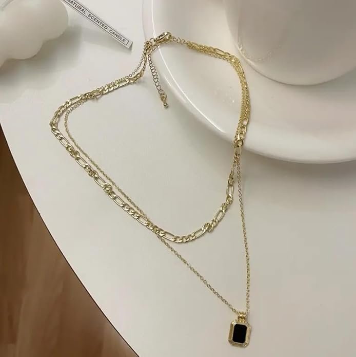 Layered Chain Necklace with Black Pendant, Gold-Toned, Double Strand Design - Image 4