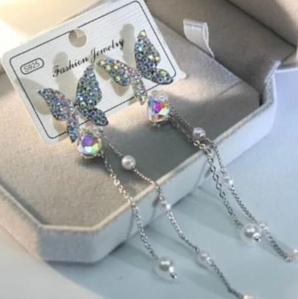 Crystal Butterfly Dangle Earring, Pearl Beaded Chain, Silver - Image 2