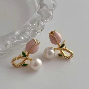 Floral Pearl Drop Earrings, Gold-Plated, Pink and Green Crystal Leaves