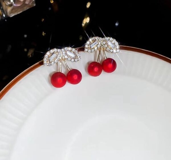 Crystal Cherry Stud Earrings, Red Pearl Cherries with Rhinestone Leaves - Image 2