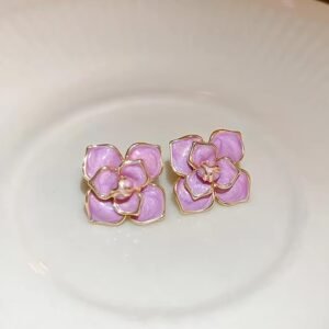 Floral Stud Earrings, Purple Enamel Petals, Gold-Tone Trim