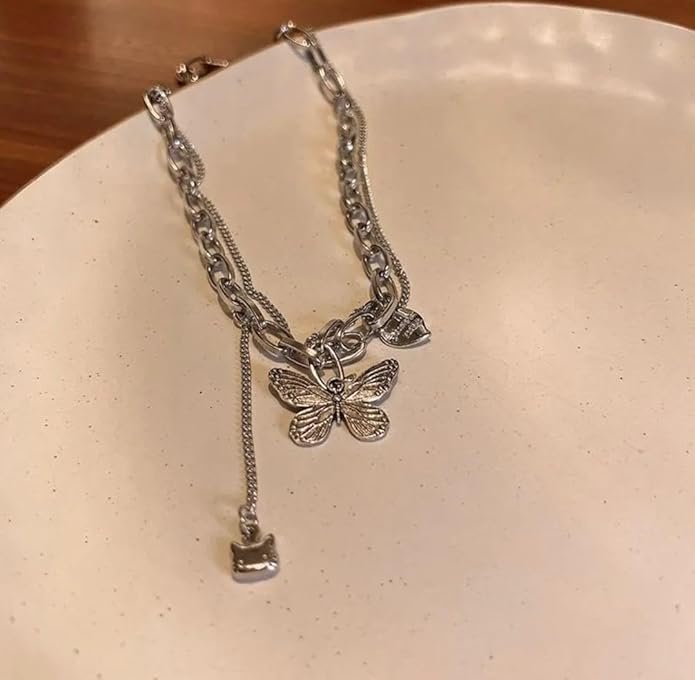 Layered Chain Necklace with Butterfly Pendant, Silver, Double Strand Design - Image 4