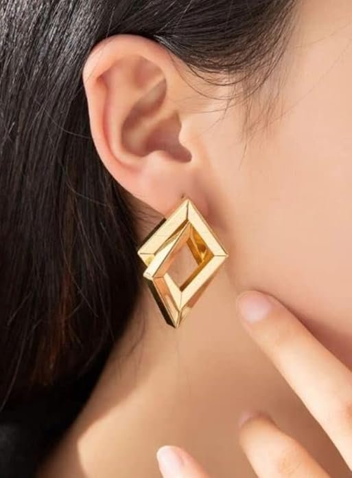Geometric Square Stud Earrings, Gold-Plated, Modern Design