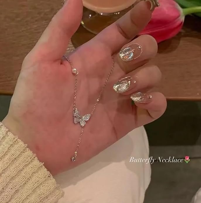 Elegant Butterfly Crystal Pendant Necklace, Silver Chain with Rhinestone Drop - Image 5