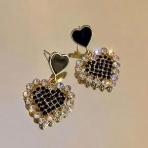 Heart Drop Earrings with Crystal Rhinestones, Black and Gold