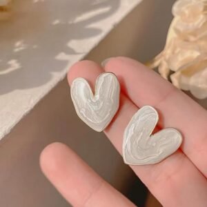 Heart-Shaped Marble Effect Stud Earrings, White and Gold