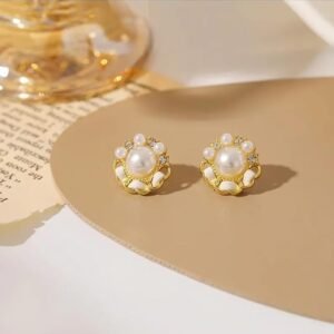 Elegant Pearl Stud Earrings, Gold-Toned Floral Design with Crystal Accents
