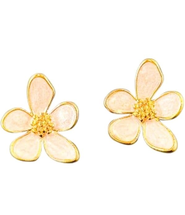 Delicate Floral Stud Earrings, Gold-Plated, Peach Enamel Petals, 5-Petal Design