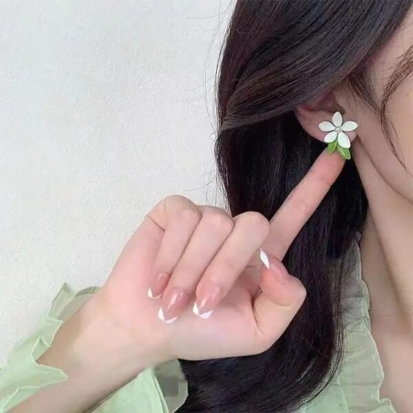 White Floral Stud Earrings with Green Leaves, Pearl Centre, 2.5 cm - Image 5