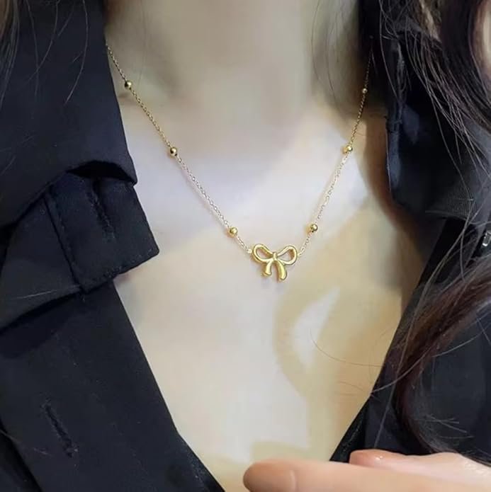 Dainty Gold-Toned Bow Pendant Necklace with Gold Plated Beaded Chain - Image 5