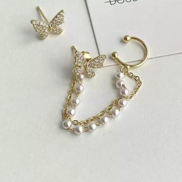 Asymmetric Crystal Butterfly Double Chain Ear Cuff with Pearl Beads, Gold-Toned - Image 2