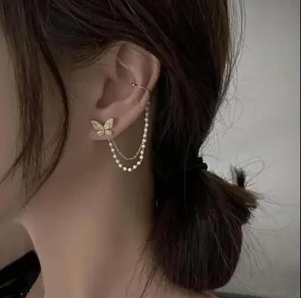 Asymmetric Crystal Butterfly Double Chain Ear Cuff with Pearl Beads, Gold-Toned