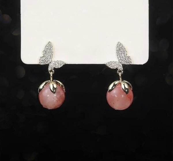 Crystal Butterfly Drop Earrings, Pink Peach Spheres - Image 3