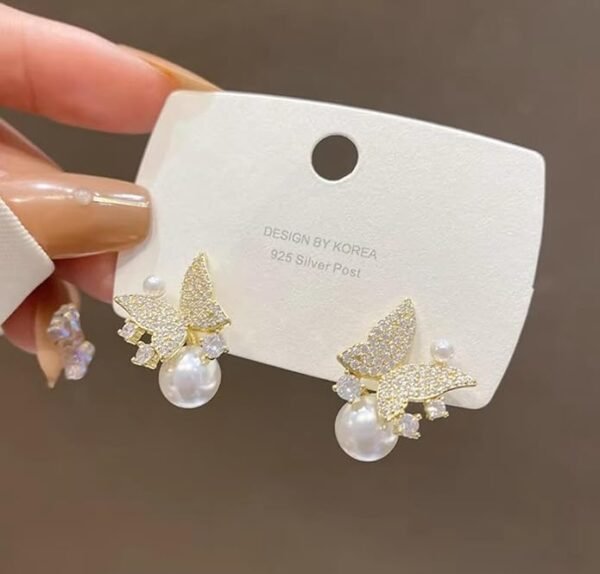 Crystal Butterfly Pearl Stud Earrings, Gold-Plated, Rhinestone Embellished - Image 2