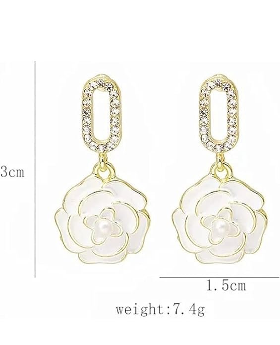 Elegant White Rose Drop Earrings, Pearl Centre, Gold-Toned - Image 4