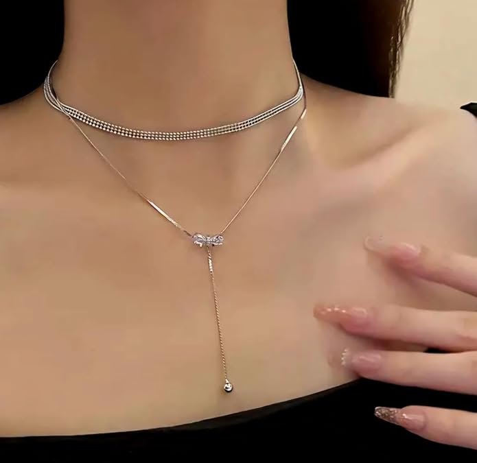 Double Layer Crystal Bow Necklace, Adjustable Length - Image 4