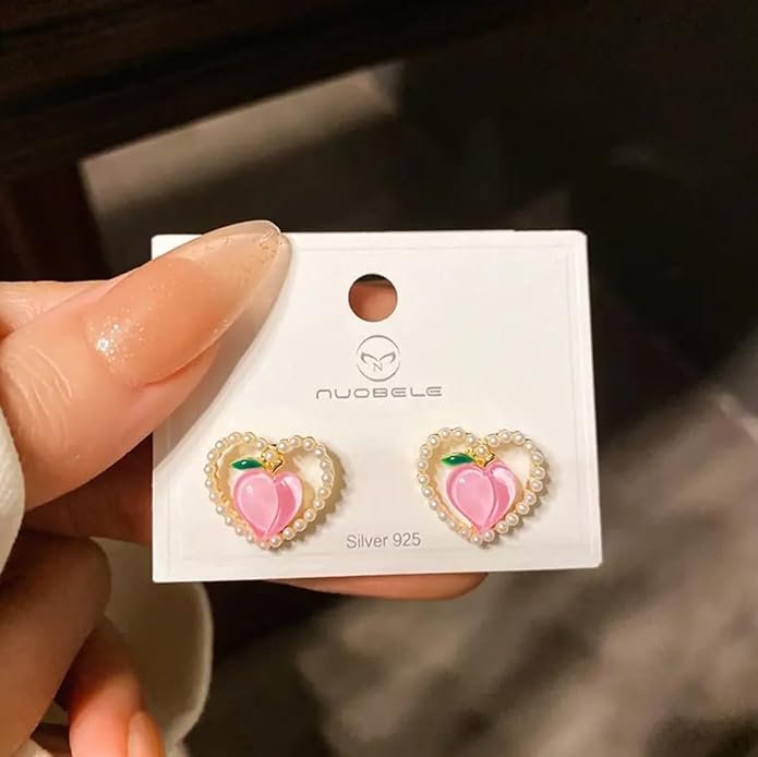 Pearl Heart Stud Earrings with Pink Peach Design, Gold-Toned - Image 3