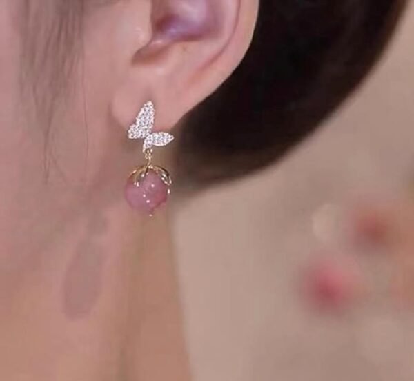 Crystal Butterfly Drop Earrings, Pink Peach Spheres - Image 2