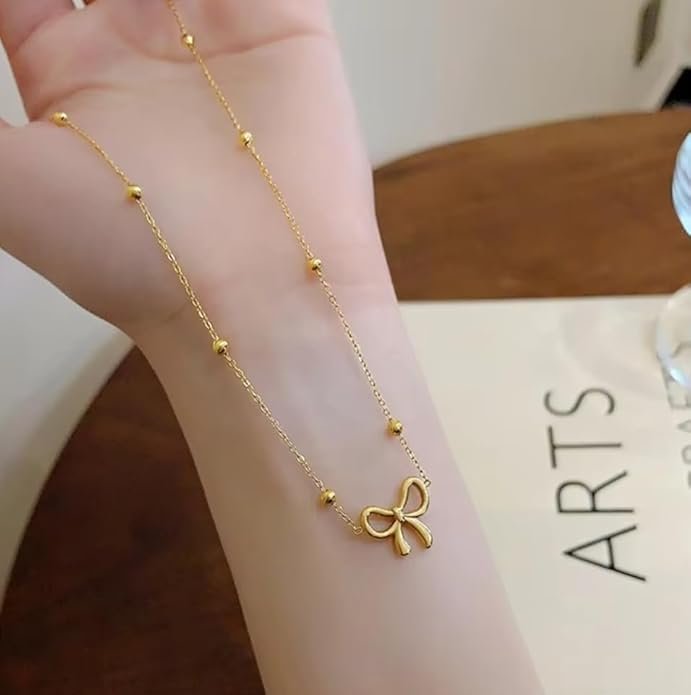 Dainty Gold-Toned Bow Pendant Necklace with Gold Plated Beaded Chain - Image 4