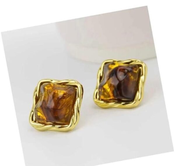 Amber Square Stud Earrings, Gold-Tone Frame - Image 2