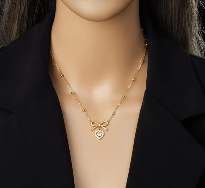 Elegant Gold-Plated Bow Necklace with Crystal Heart Pendant, Beaded Chain Design - Image 3